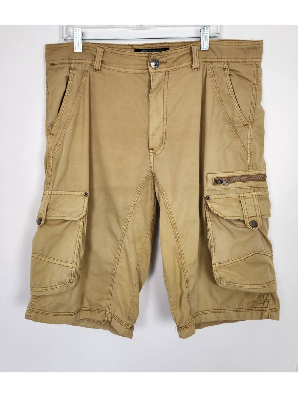 Vintage Y2K Rocawear Men's Multi-Pocket Utility Cargo Shorts, Size 36, Khaki